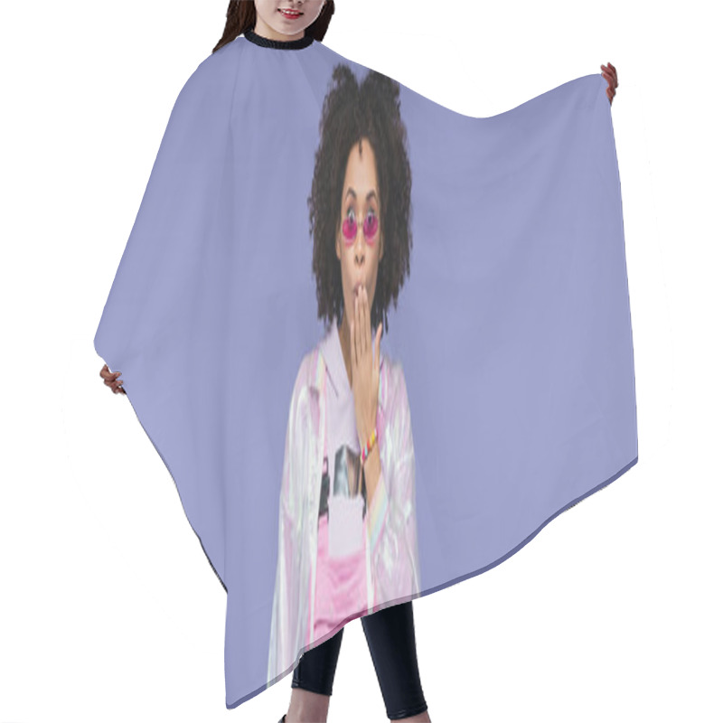 Personality  Surprised African American Woman In Stylish Sunglasses Covering Mouth Isolated On Purple, Banner Hair Cutting Cape