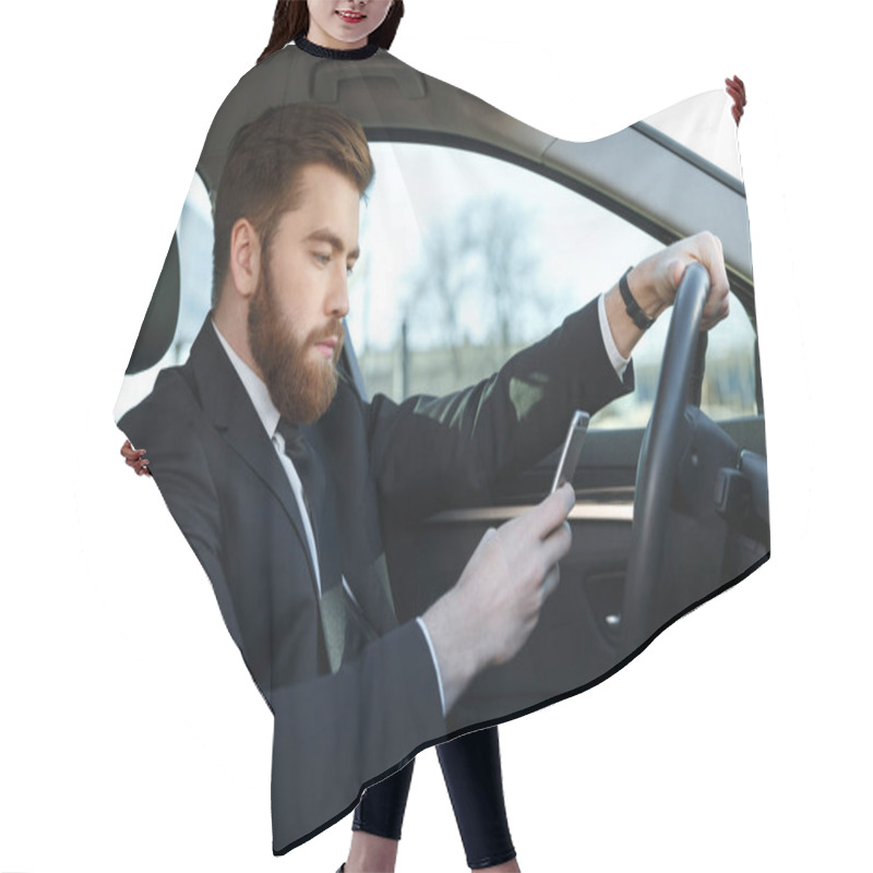 Personality  Side View Of Serious Business Man Using Phone At Wheel Hair Cutting Cape