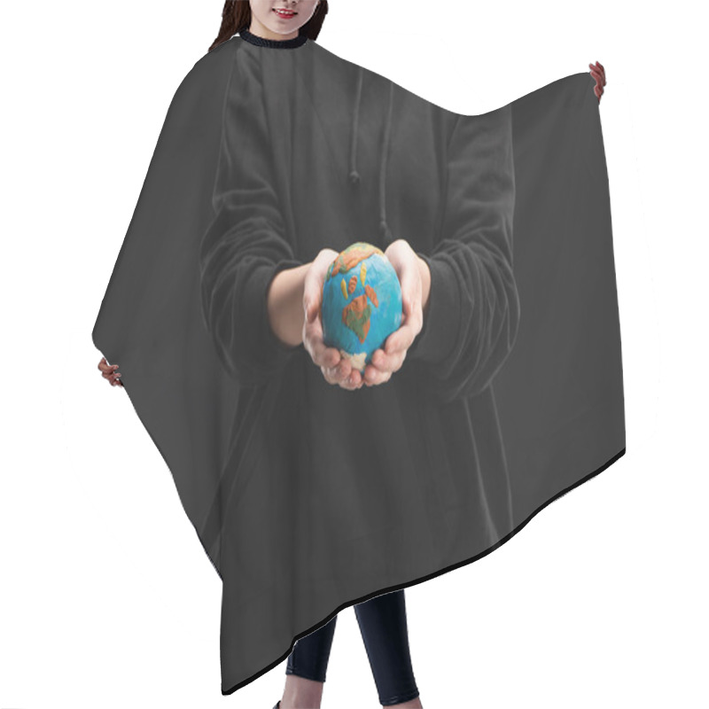 Personality  Partial View Of Woman Holding Plasticine Globe Isolated On Black, Global Warming Concept Hair Cutting Cape