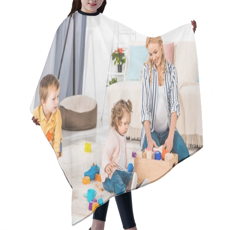 Personality  Happy Pregnant Mother Playing With Son And Daughter Hair Cutting Cape