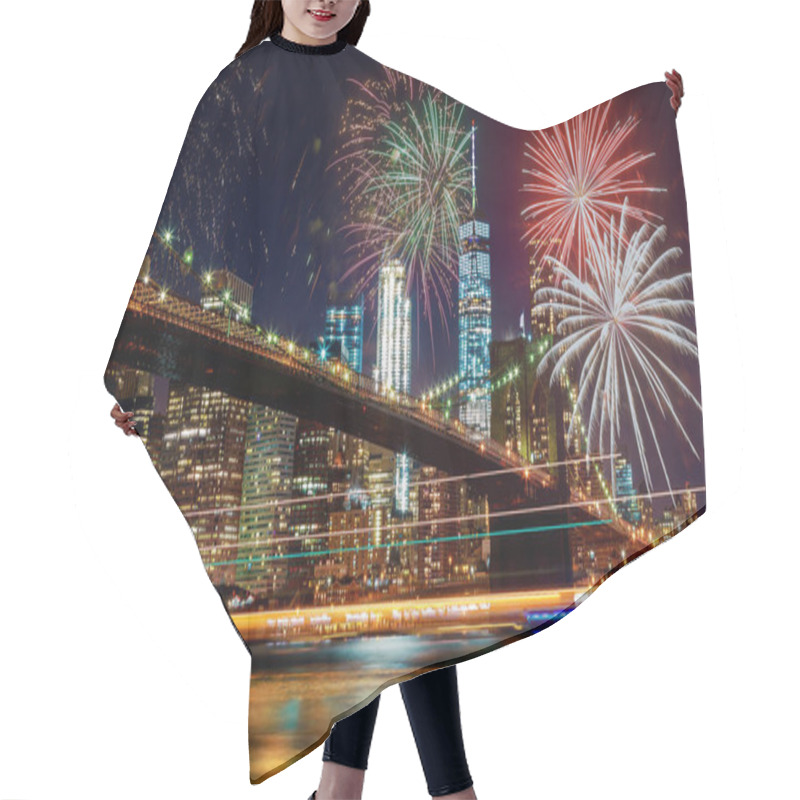 Personality  Colorful Holiday Fireworks Panoramic View New York City Manhattan Downtown Skyline At Night Hair Cutting Cape