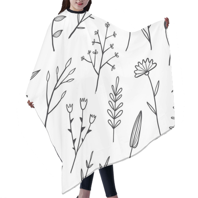 Personality  Flower Simple Seamless Pattern Graphic Design For Paper, Textile Print, Page Fill. Floral Background With Hand Drawn Black Wild Flowers, Herbs And Leaves. Cute Design For Girls, Kids. Hair Cutting Cape