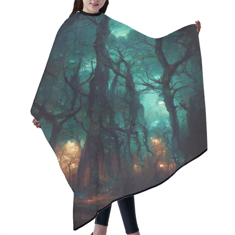 Personality  Realistic Haunted Forest Creepy Landscape At Night. Fantasy Halloween Forest Background. Surreal Mysterious Atmospheric Woods Design Backdrop. Digital Art. Hair Cutting Cape