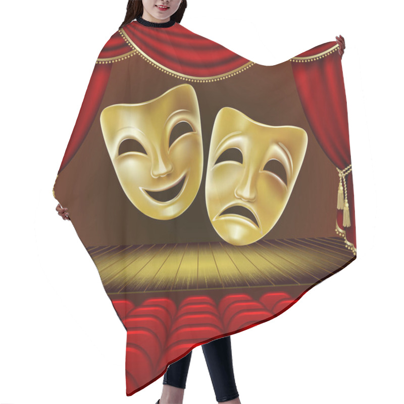 Personality  Theater Masks On A Red Background. Golden Masks. Theater Scene. Mesh. Clipping Mask Hair Cutting Cape