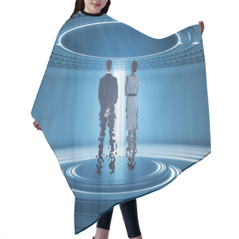 Personality  Back View Of Businesspeople Inside Abstract Teleportation Sation. Future Technologies Concept. 3D Rendering Hair Cutting Cape