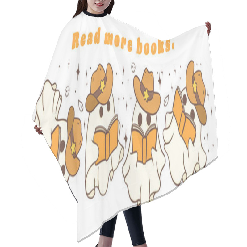 Personality  Halloween Ghosts Read Books In Cute Kawaii Cartoon Doodle Banner Hair Cutting Cape