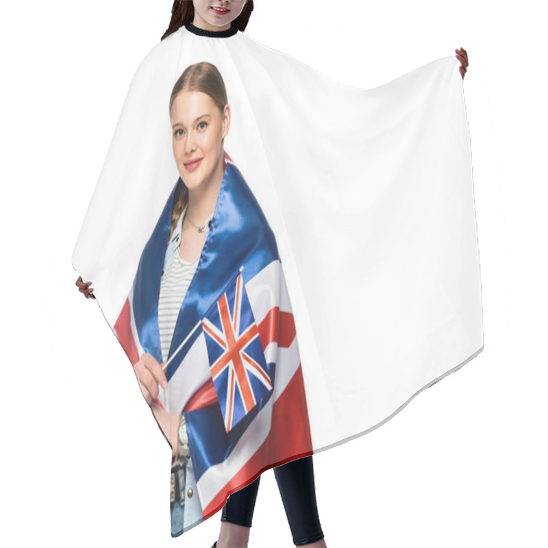 Personality  Smiling Pretty Girl With Braid And Uk Flags Isolated On White Hair Cutting Cape