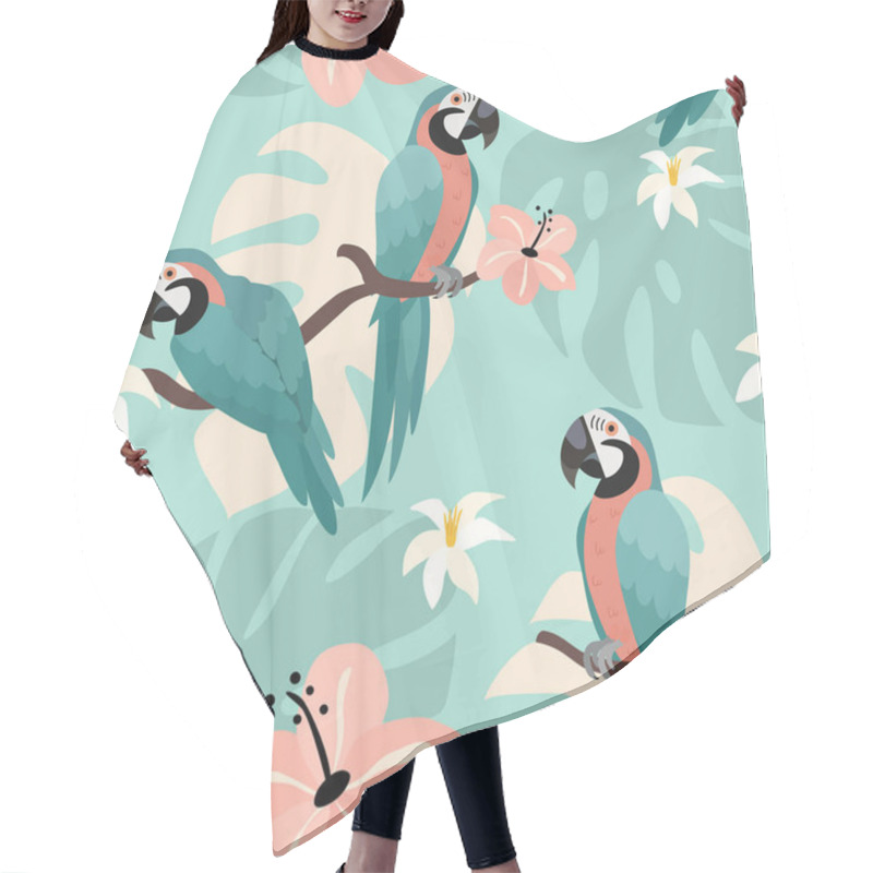 Personality  Trendy Pattern With Parrots And Tropical Leaves. Vector Seamless Texture.  Hair Cutting Cape