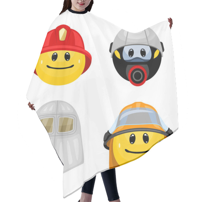 Personality  Vector Set Of Emoticons In Firefighter Clothes. Collection Of Face Icons Wearing Fireman Helmets And Masks In Cartoon Style On White Background. Hair Cutting Cape