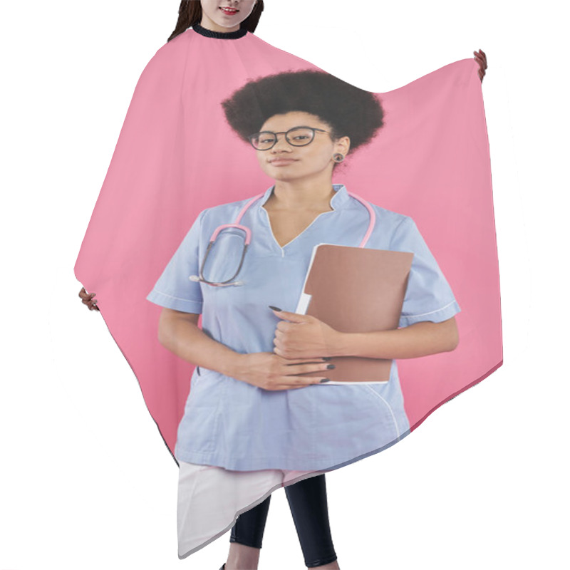 Personality  Breast Cancer Awareness, African American Doctor, Female Oncologist With Folder, Pink Backdrop Hair Cutting Cape