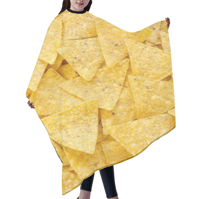 Personality  Tortilla Chips, Closeup. Mexican Food. Top View, Flat Lay, Overhead. Hair Cutting Cape