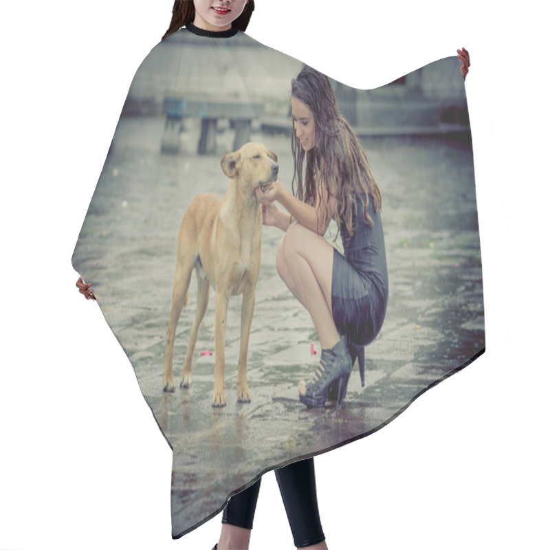 Personality  Girl Comforting A With Dog Under Rain. Hair Cutting Cape