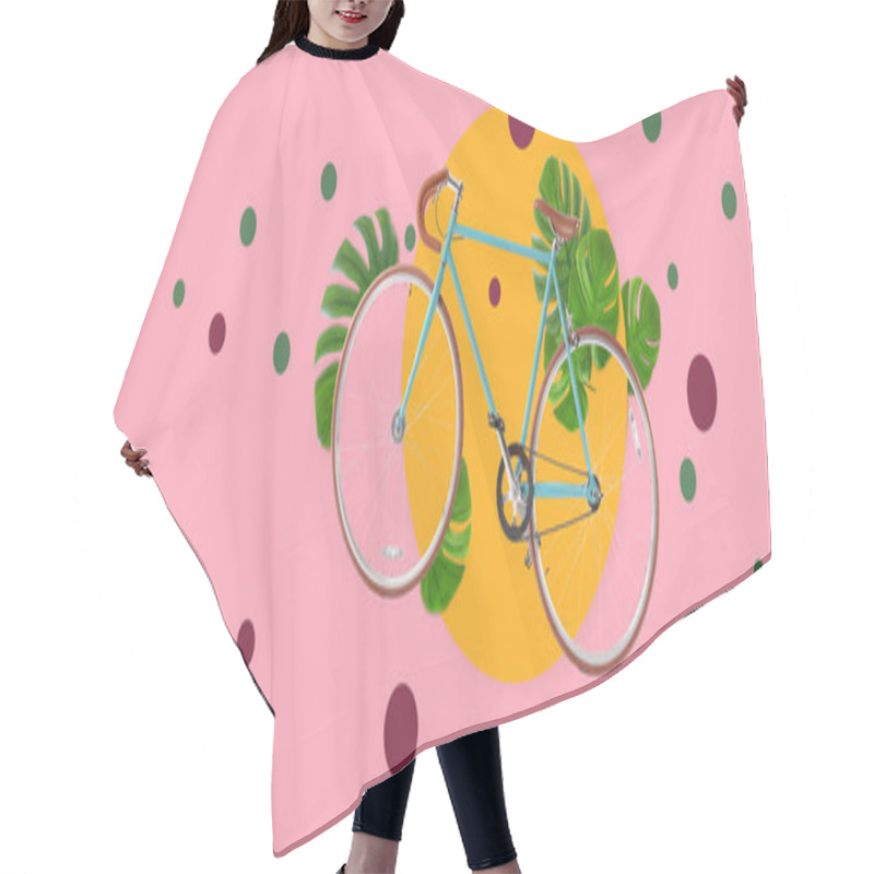 Personality  Collage With Bicycle And Tropical Leaves On Pink Background Hair Cutting Cape