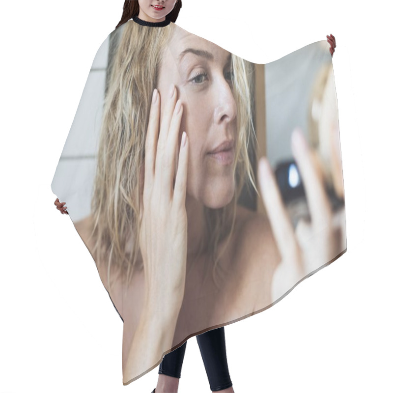 Personality  Woman Looking Herself In Mirror Hair Cutting Cape