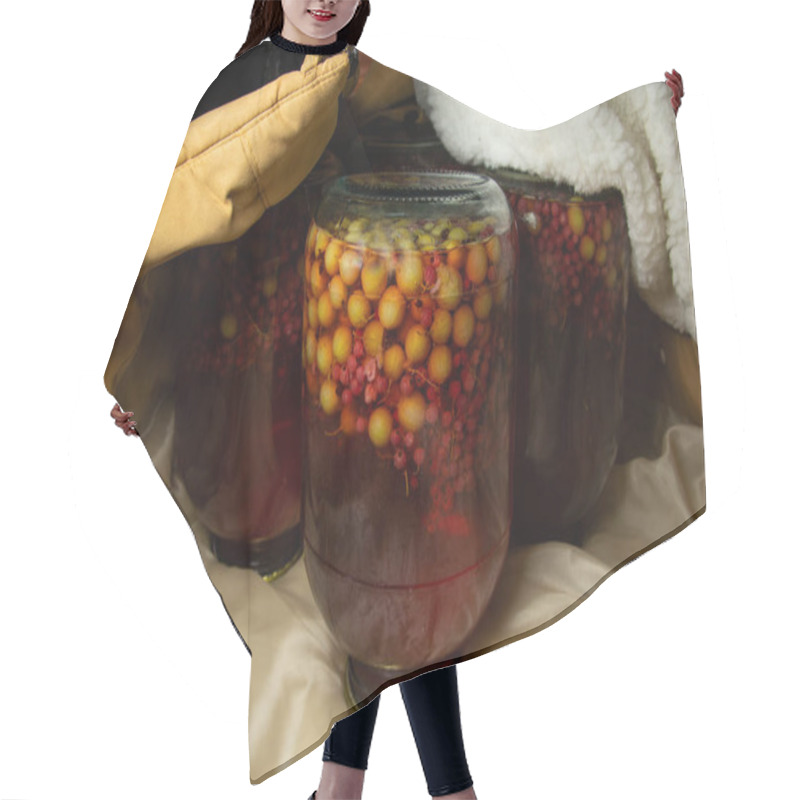 Personality  Large Jars With Gooseberry And Currant Compote Stand Upside Down In A Warm Jacket. Roll The Compote And Share A Fur Coat. Hair Cutting Cape