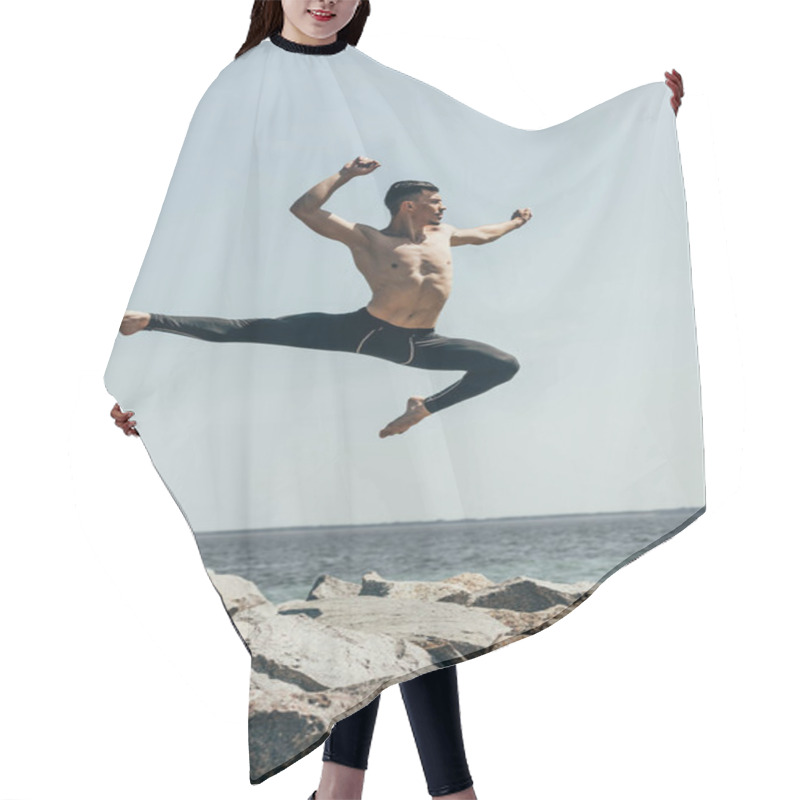 Personality  Athletic Shirtless Dancer Jumping Over Rocky Seashore Hair Cutting Cape