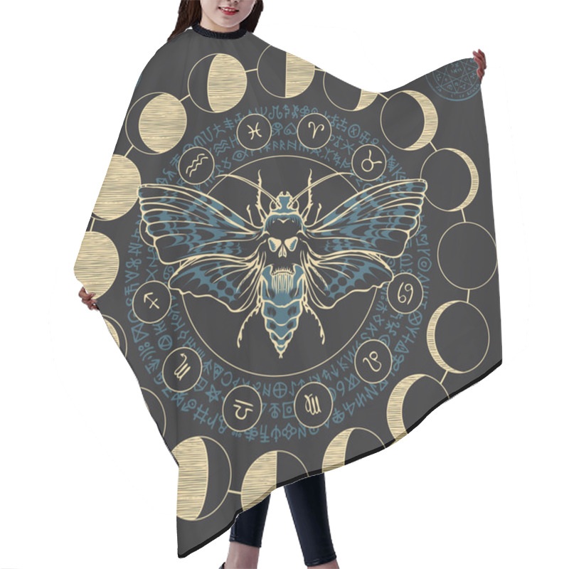 Personality  Hand-drawn Scary Butterfly Moth Dead Head On The Background Of Magical Symbols And Zodiac Signs, Moon Phases In A Circle. Witchcraft, Occult Attributes, Alchemical Signs. Hair Cutting Cape