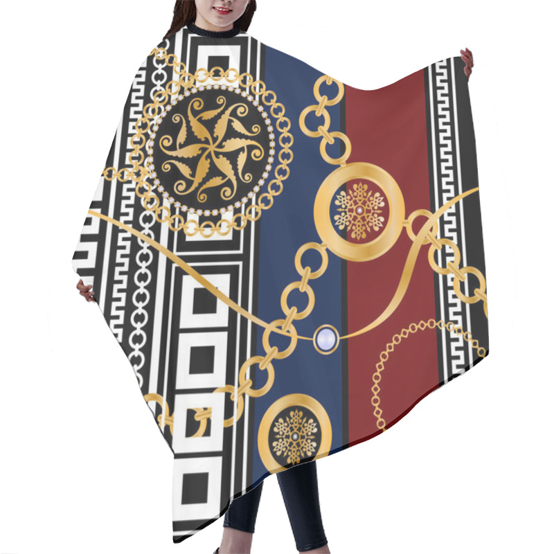 Personality  Seamless Pattern Decorated With Precious Stones, Gold Chains And Pearls. Hair Cutting Cape