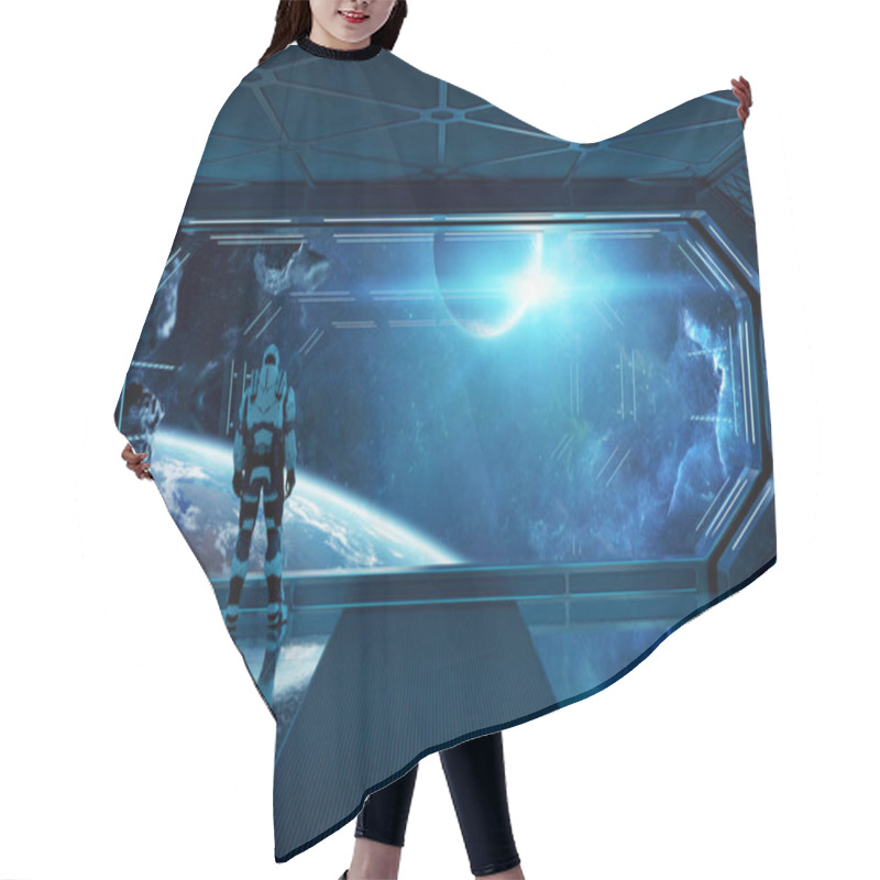 Personality  Astronaut In Futuristic Spaceship Watching Space Through A Large Hair Cutting Cape