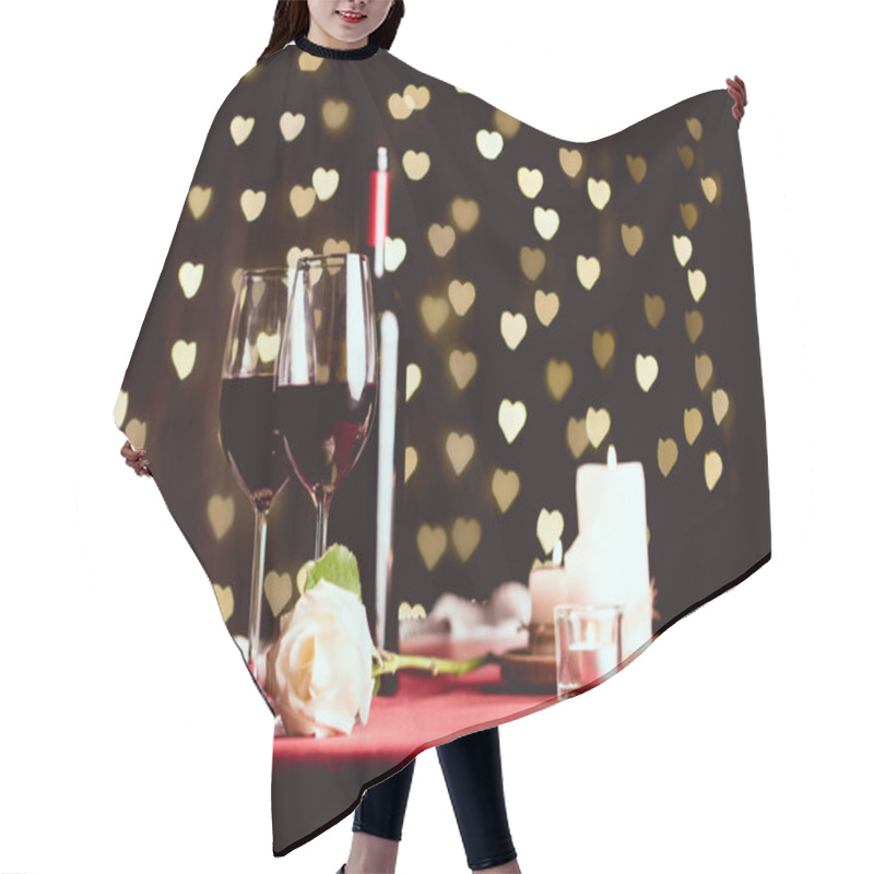 Personality  Table Setting With Glasses Of Red Wine, Rose And Heart Shaped Bokeh On Background Hair Cutting Cape