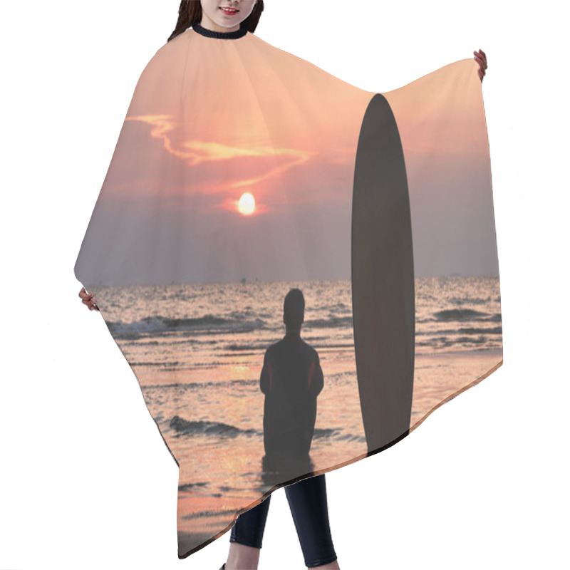 Personality  Surfer Man Sitting Alone On The Beach Looking Out To Sea With Surfboards In The Sunset After Surfing Hair Cutting Cape