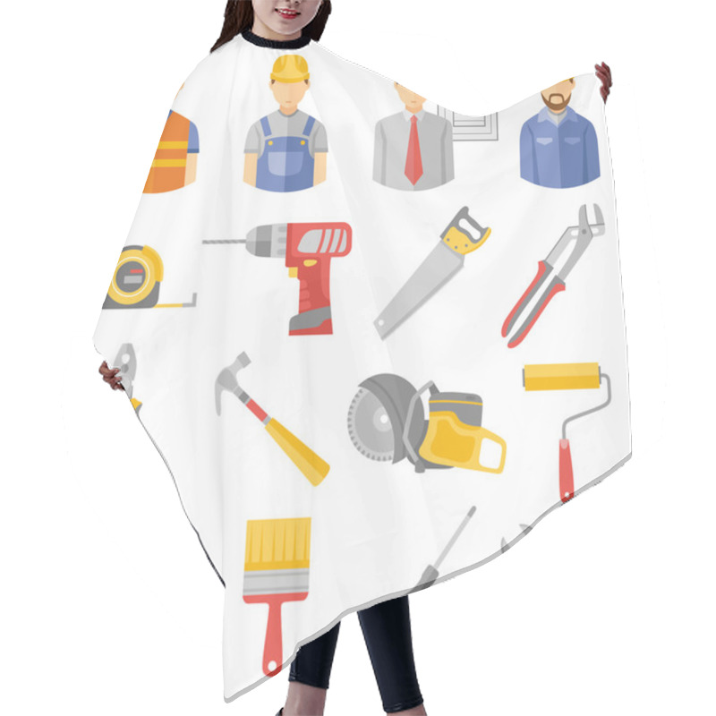 Personality  Construction Workers Tools Flat Icons Set Hair Cutting Cape