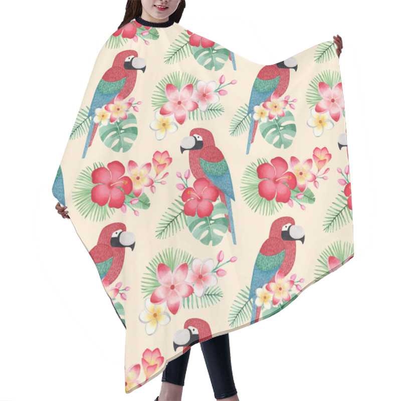 Personality  Watercolor Illustrations Of Parrots, Tropical Flowers And Leaves. Seamless Tropical Pattern Hair Cutting Cape