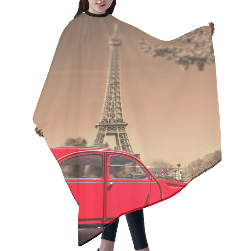 Personality  Eiffel Tower With Old Red Car In Paris, France Hair Cutting Cape