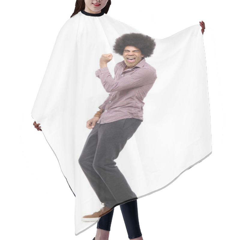 Personality  Happy Afro Man In Front Of A White Background Hair Cutting Cape