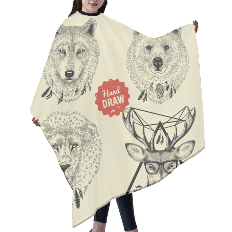 Personality  Vector Sketch Of Wild Animal Heads Bear, Wolf, Lion, Deer In Hipster Style Hair Cutting Cape