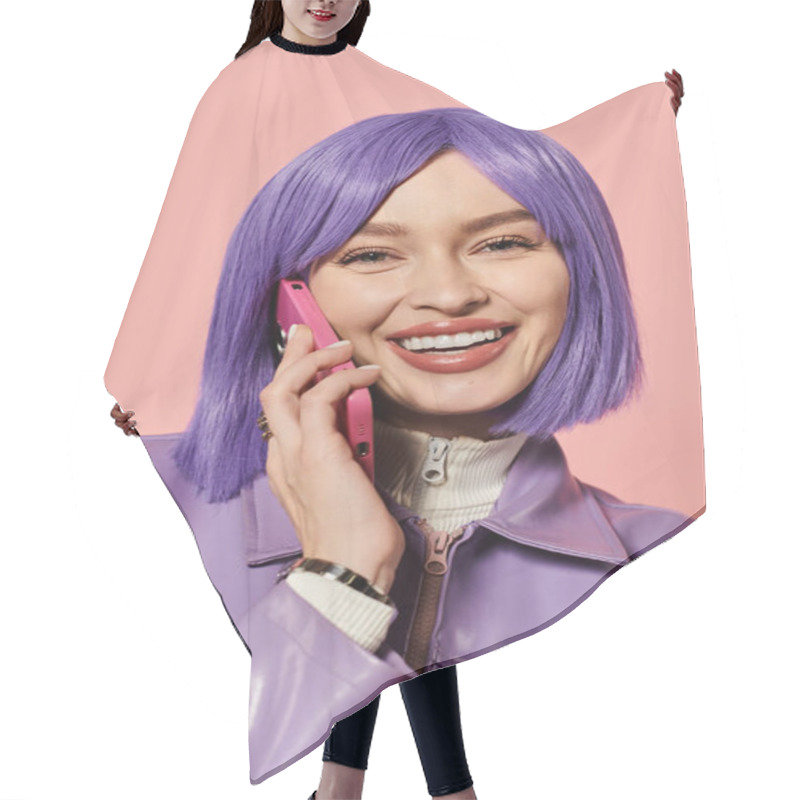 Personality  A Woman With Purple Hair Joyfully Chats On Her Pink Phone, Radiating Energy. Hair Cutting Cape