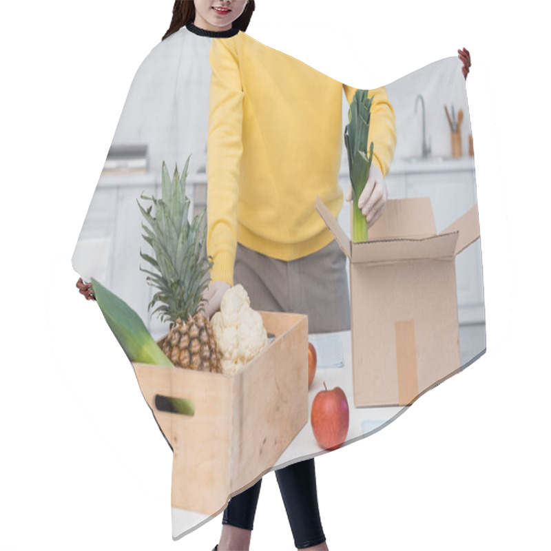 Personality  Cropped View Of Man In Latex Gloves Taking Fresh Food Near Boxes And Rags In Kitchen  Hair Cutting Cape