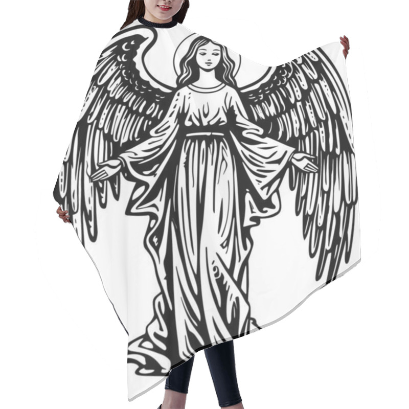 Personality  Woodcut Style Illustration Of Beautiful Angel Greeting You With Open Arms On White Background. Hair Cutting Cape