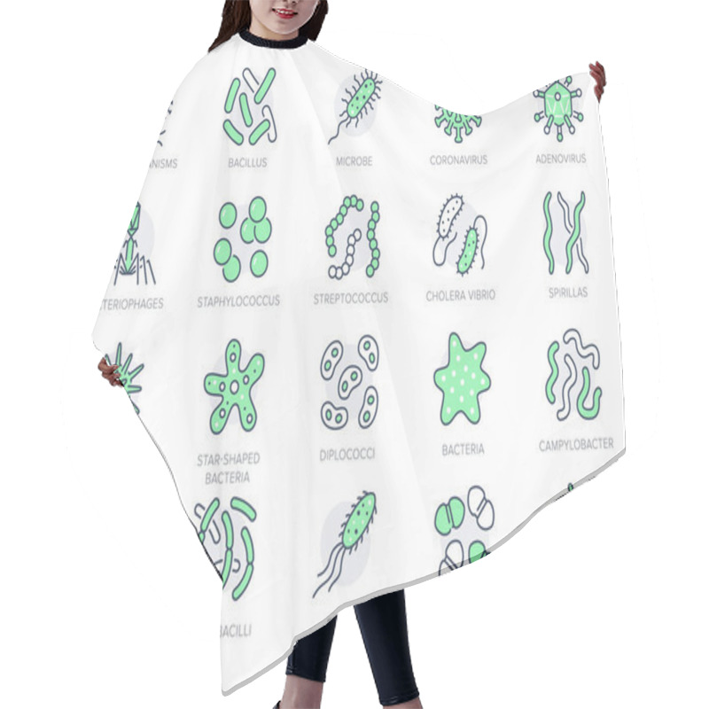 Personality  Bacteria, Virus, Microbe Line Icons. Vector Illustration Included Icon As Microorganism, Germ, Mold, Cell, Probiotic Outline Pictogram For Microbiology Infographic Green Color, Editable Stroke Hair Cutting Cape