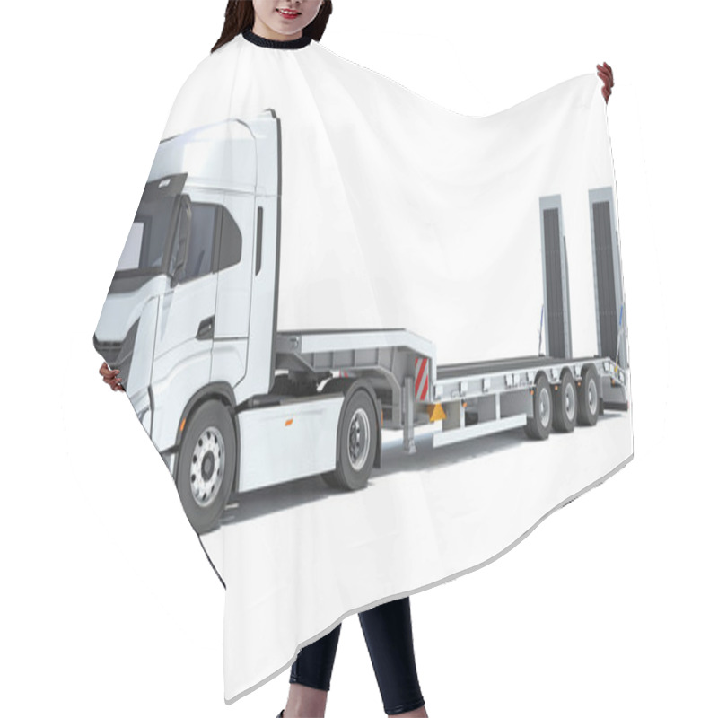 Personality  Semi Truck With Lowboy Platform Trailer 3D Rendering Model On White Background Hair Cutting Cape