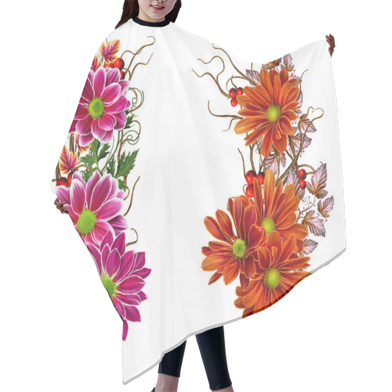 Personality  Autumn Background. Isolated. Weaving Thin Branches, Bright Autumn Leaves And Berries. Orange And Red Chrysanthemum Flowers. Hair Cutting Cape