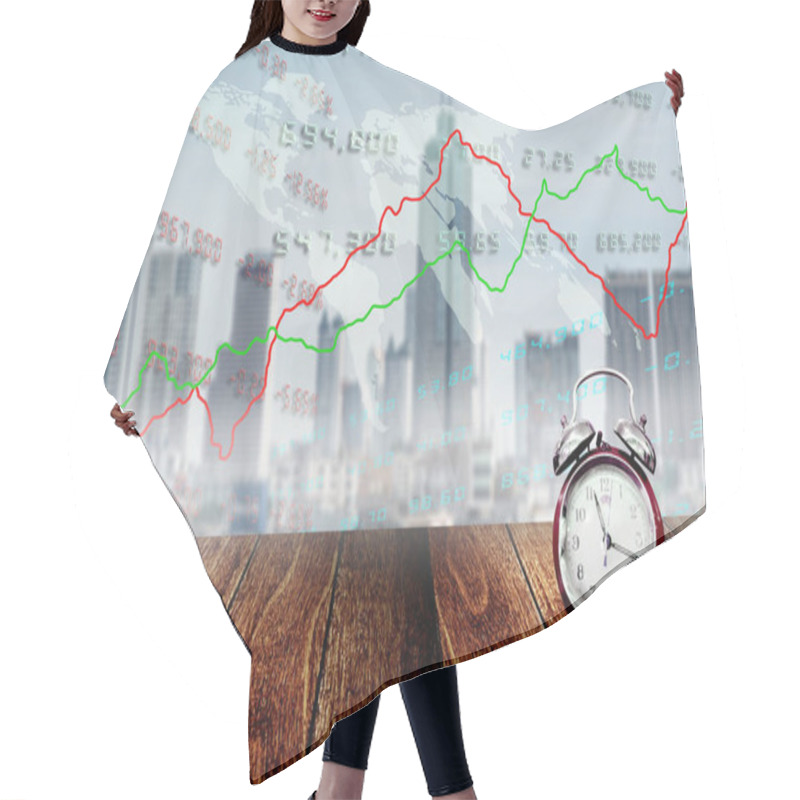 Personality  Alarm Clock On Wooden Deck With Stock Market Graph And Ciytscape Hair Cutting Cape