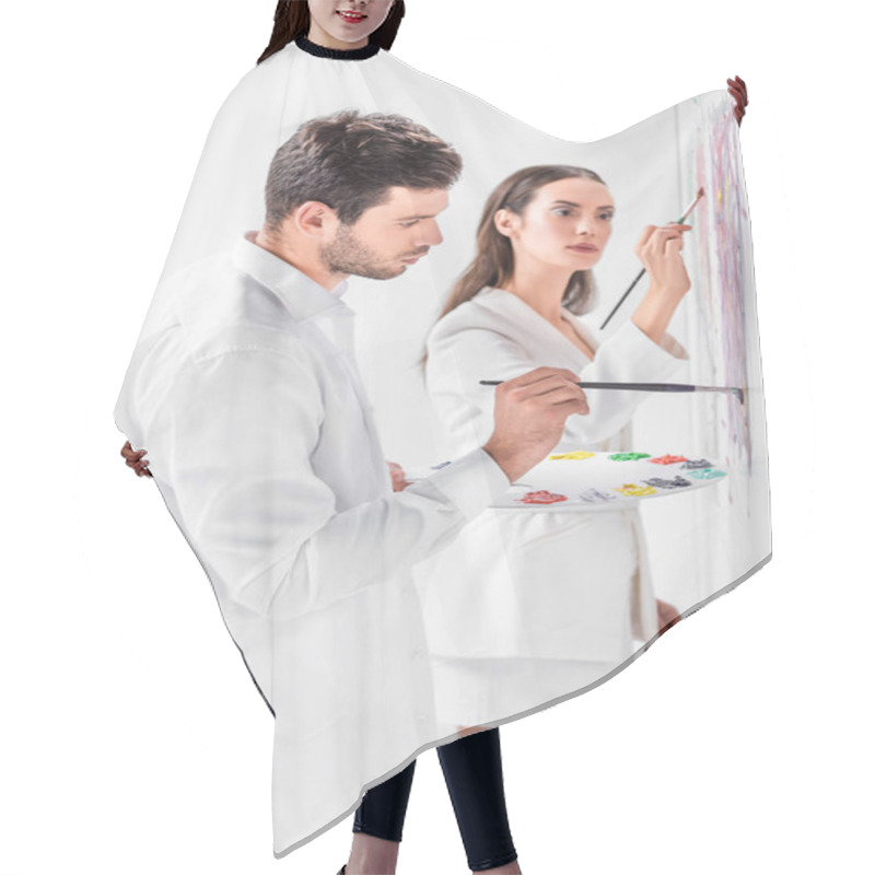 Personality  Close Up Of Adult Couple In Total White Drawing Together On Wall Hair Cutting Cape