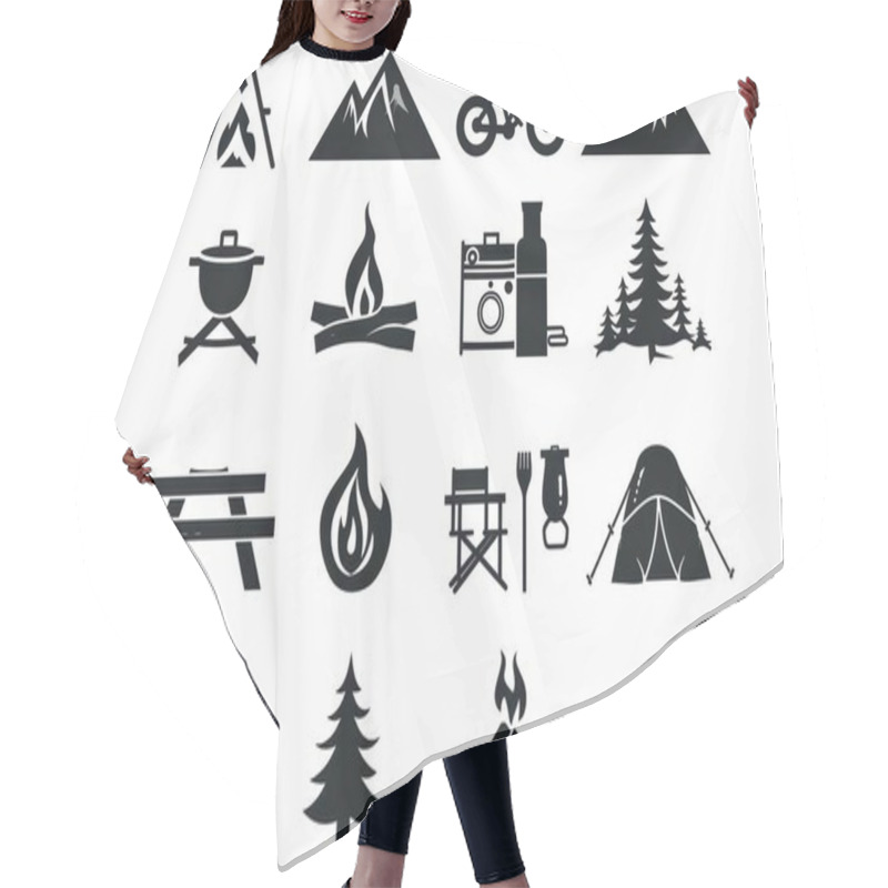 Personality  A Collection Of Outdoor Icons, Showcasing Camping, Biking, And Nature Elements In Black Silhouettes. Hair Cutting Cape