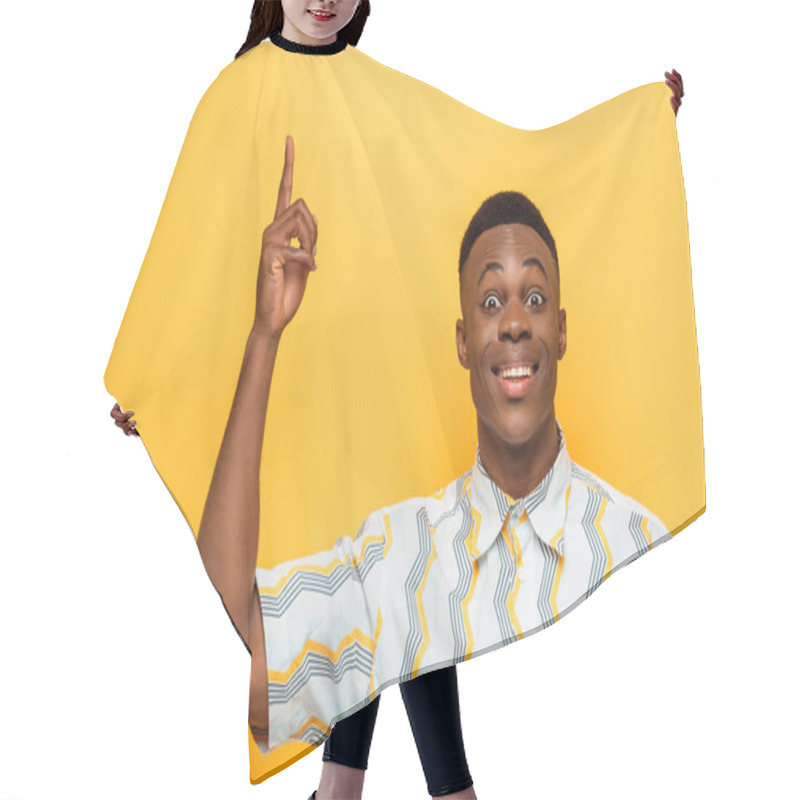 Personality  Happy African American Man Pointing With Finger Up On Yellow Background Hair Cutting Cape