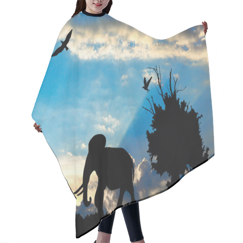 Personality  Jungle With Old Tree, Birds And Elephant On Blue Cloudy Sunset Background Hair Cutting Cape