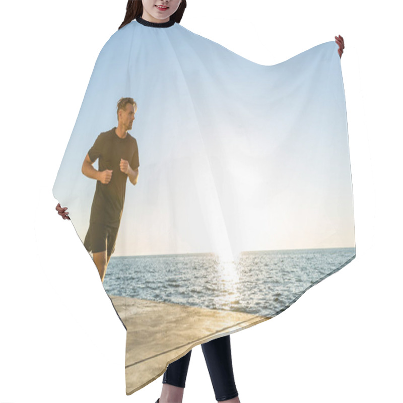 Personality  Handsome Adult Sportsman Jogging On Seashore In Front Of Sunrise Hair Cutting Cape