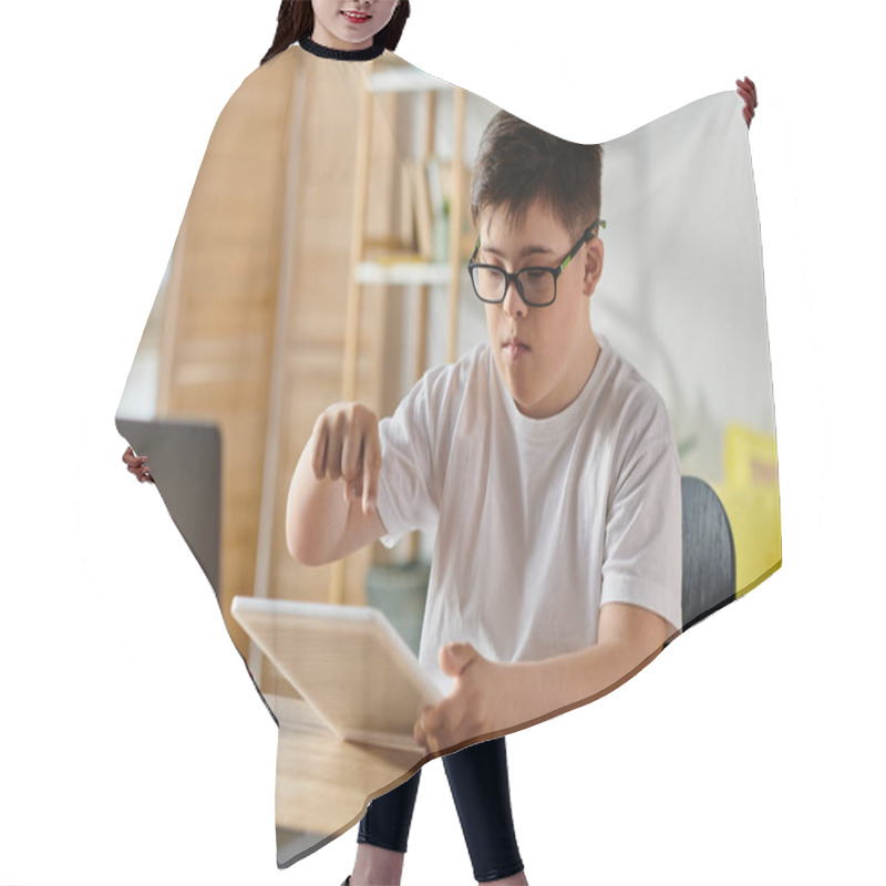 Personality  Boy With Down Syndrome Using Tablet Computer, Wearing Glasses. Hair Cutting Cape