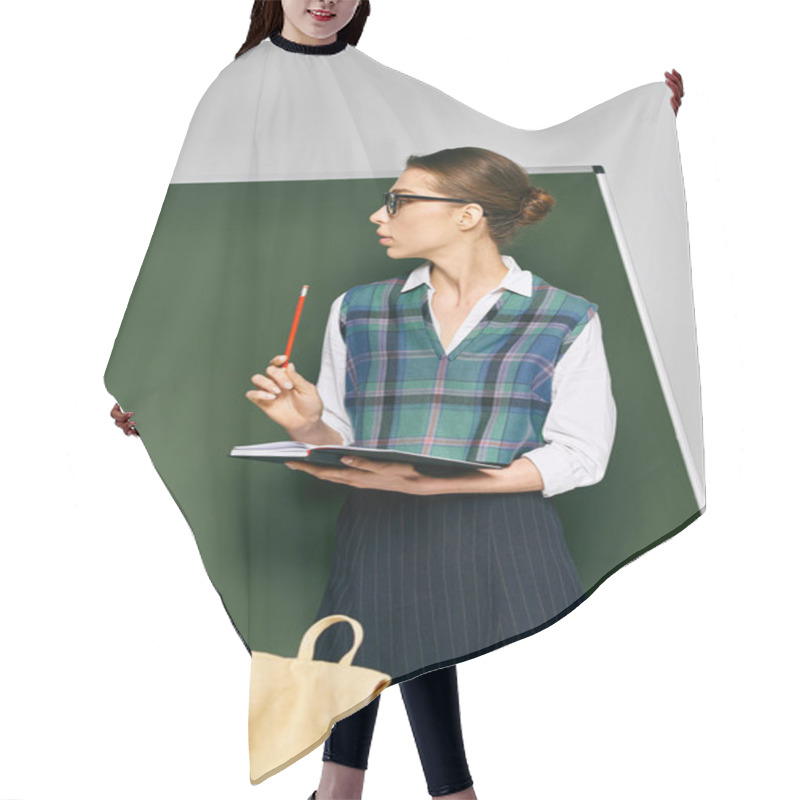 Personality  A Woman In Glasses Stands Before A Green Board, Delivering Educational Expertise. Hair Cutting Cape