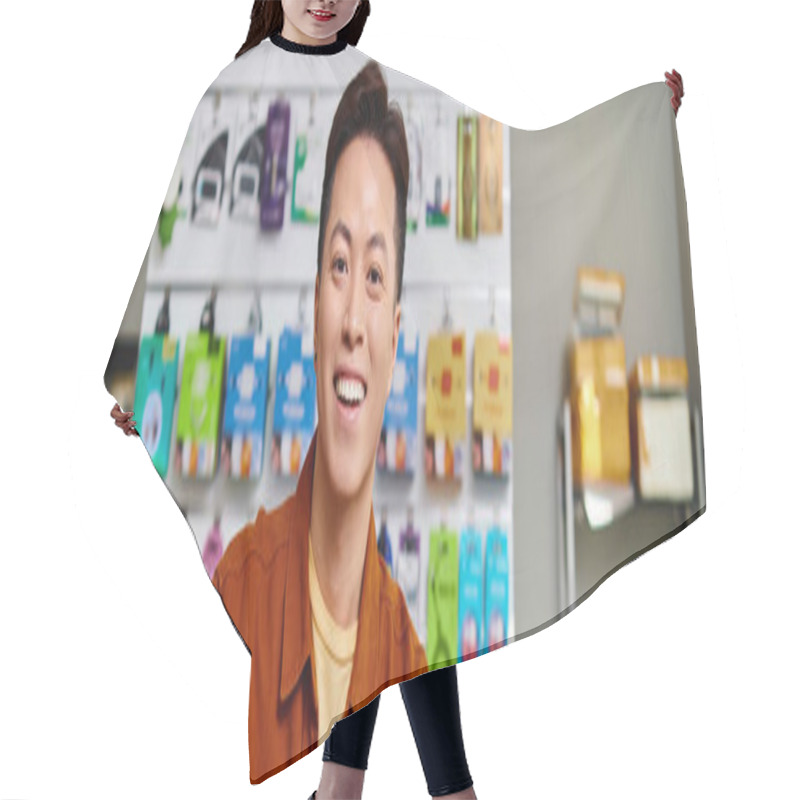 Personality  Happy Successful Asian Businessman Looking At Camera In Private Electronics Store, Horizontal Banner Hair Cutting Cape