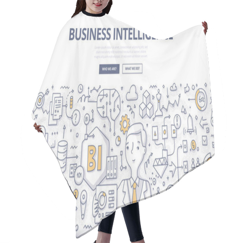 Personality  Business Intelligence Doodle Vector Concept. Businessman Holds A Tablet With Easy-to-understand Business Analytics. Hand Drawn Illustration Of For Web Banners, Hero Images, Printed Materials Hair Cutting Cape