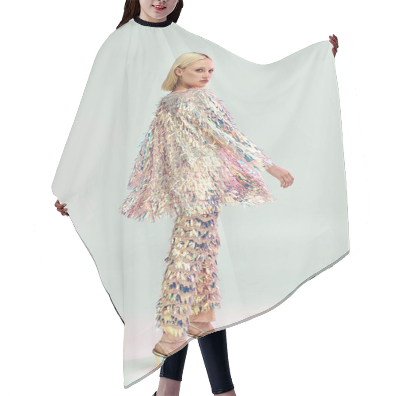 Personality  A Young Woman Poses Elegantly In Luminous, Trendy Attire With Holographic Elements. Hair Cutting Cape