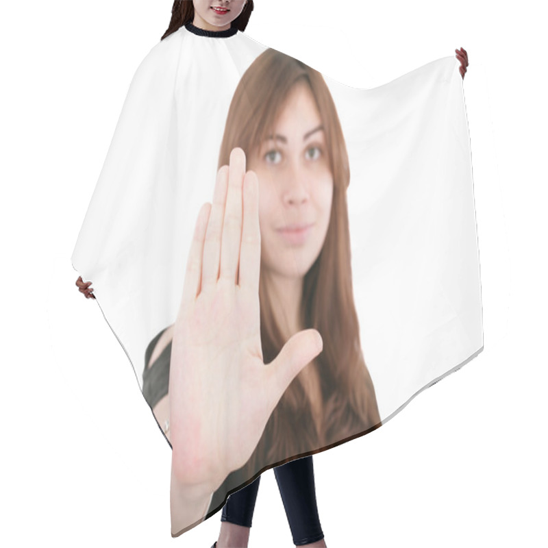 Personality  Young Woman Making Stop With His Hand On White Background Hair Cutting Cape