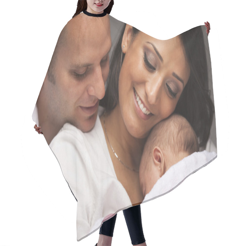 Personality  Mixed Race Young Family With Newborn Baby Hair Cutting Cape