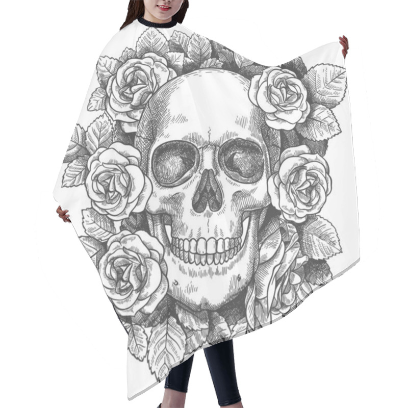 Personality  Skull With Flowers. Sketch Human Skull With Roses, Traditional Gothic Black Tattoo. Drawn Monster Halloween Engraving Vector Artwork Hair Cutting Cape